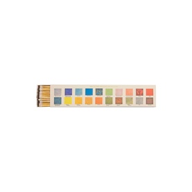Archivist long matchbox with multicolour square pattern in rainbow tones and gold-tipped matches visible at one end