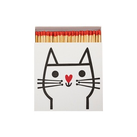 Archivist matchbox with illustrated cat face and red heart nose design, containing long red-tipped matches