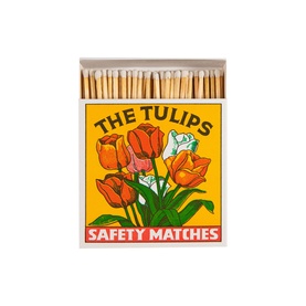 Archivist The Tulips Safety Matches box with vintage-style illustrated tulip bouquet print on yellow and red packaging.