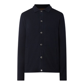 Barbour navy cardigan with contrast collar, button-front fastening, and patch pockets in cotton-wool blend