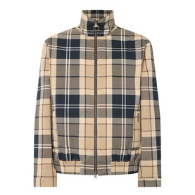 Barbour casual jacket in Birchwood Dress Tartan, zip-through funnel neck, navy and beige check pattern with side zip pockets