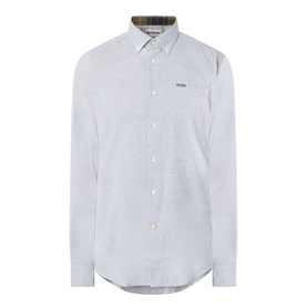 Barbour navy casual shirt in 100% cotton with button-down collar, long sleeves, and tartan inner collar detail