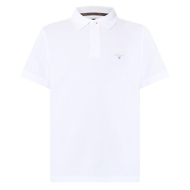 Barbour white cotton polo shirt with ribbed collar, short sleeves, and embroidered logo on chest