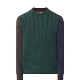 Barbour Tyne Colour-Blocked Sweater in Bottle Green with charcoal and navy contrast sleeves, crew neck, ribbed trims, straight hem