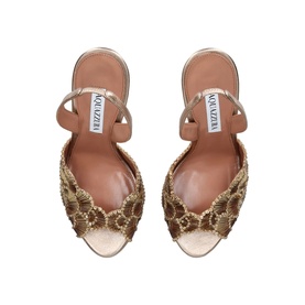 Aquazzura gold embellished mule sandals with floral beaded toe strap and ankle strap, overhead flat lay view