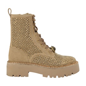 Kurt Geiger London brown crystal-embellished lace-up combat boot with gold lion charm and chunky ridged sole