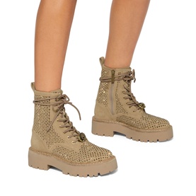 Model wearing Kurt Geiger London brown perforated suede lace-up combat boots with chunky ridged sole and side zip