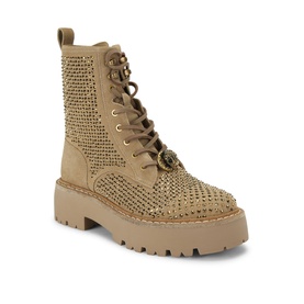 Kurt Geiger London brown suede lace-up combat boot with allover crystal embellishment, gold buckle detail, and chunky beige lug sole.