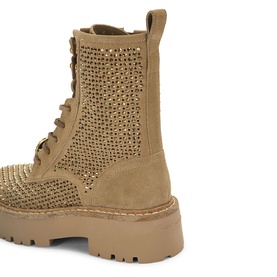 Kurt Geiger London brown suede lace-up combat boot with gold crystal embellishment and chunky tan rubber sole