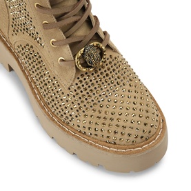 Kurt Geiger London brown lace-up boot with all-over crystal embellishment and gold eagle brooch detail on beige rubber sole.
