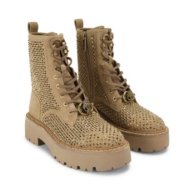 Kurt Geiger London brown crystal-embellished lace-up combat boots with chunky lug sole and gold-tone logo medallion