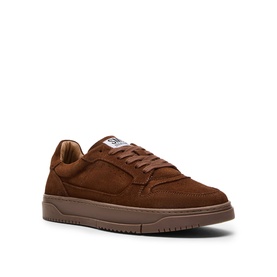 Steve Madden men's brown suede low-top trainers with tonal laces and gum rubber sole, three-quarter view