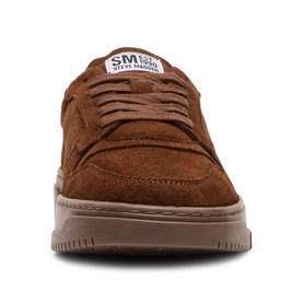 Steve Madden brown suede low-top trainer with tonal brown rubber sole and lace-up front, front-facing view