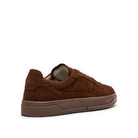 Steve Madden brown suede low-top trainer, tonal lace-up design with matching brown rubber sole, rear three-quarter view