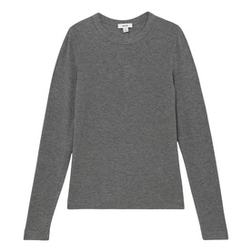 Reiss grey marl long-sleeve crew-neck top, slim fit with ribbed cuffs, lightweight knit fabric