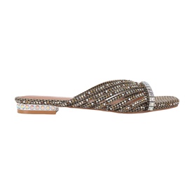 Flat slide sandal in bronze tonal fabric with woven crystal and rhinestone embellishment across vamp and heel trim, flat sole