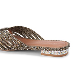 Bronze crystal-embellished flat mule sandal with multi-strand upper, iridescent gem-studded sole edge, and nude leather footbed