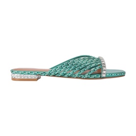 Teal glitter flat mule sandal with crystal embellished crossover strap and jewelled heel edge, side view