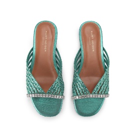 Kurt Geiger teal embellished flat mule sandals with crystal-trim strap and woven upper, overhead flat lay view
