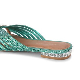Teal crystal-embellished flat sandal with multi-strap upper and rhinestone-trimmed sole, tan insole visible
