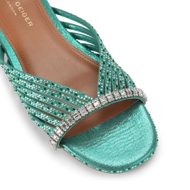 Kurt Geiger turquoise metallic strappy sandal with crystal embellishment detail, open toe and ankle strap close-up