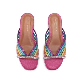 Kurt Geiger London multi-coloured crystal-embellished flat mule sandals with rainbow rhinestone straps and pink glitter footbed, top-down view