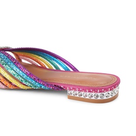 Kurt Geiger London multi rainbow crystal-embellished flat mule sandals with diamant&eacute; trim sole, tan footbed, angled detail view