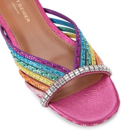 Kurt Geiger London multi-coloured rainbow crystal-embellished strappy heeled sandal with pink metallic footbed, close-up detail shot