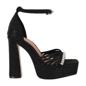 Kurt Geiger London black crystal-embellished platform sandal with strappy toe, ankle strap, and block heel