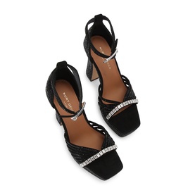 Kurt Geiger London black suede heeled sandals with crystal-embellished straps, square toe, and ankle buckle fastening