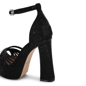 Kurt Geiger London black crystal-embellished platform sandal, block heel, strappy front, ankle strap with silver buckle closure