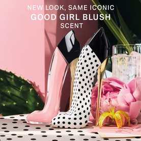Carolina Herrera Good Girl Blush Eau de Parfum Summer Collector in polka-dot high heel bottle with pink and black variants, floral backdrop