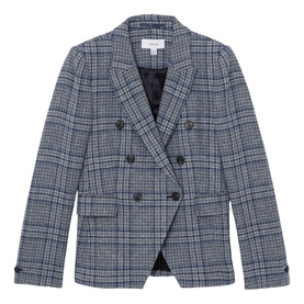 Reiss navy check double-breasted blazer with peak lapels, flap pockets, and turn-up cuffs