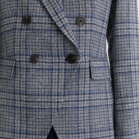 Reiss navy check double-breasted blazer, close-up of front button placket and chest pocket detail in woven houndstooth fabric