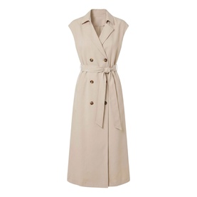 Beige sleeveless double-breasted trench dress with notch lapel, tortoiseshell buttons, tie belt and side pockets