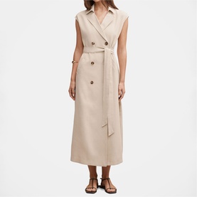 Model wearing sleeveless beige double-breasted belted midi dress with collared neckline, styled with brown flat sandals