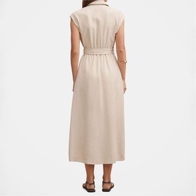 Model wearing a sleeveless belted midi dress in stone beige, rear view, with open-toe sandals