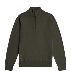 G-Star Half Zip knit in black olive, featuring quarter-zip neckline, ribbed cuffs and hem, and small logo embroidery at chest