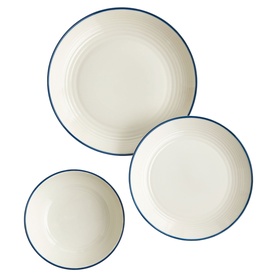 Gordon Ramsay dinnerware set in cream with blue rim, including large dinner plate, medium plate, and small bowl