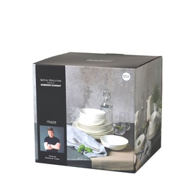 Gordon Ramsay Maze Grill dinnerware set in white, shown in retail box with lifestyle imagery of plates and bowls on packaging.