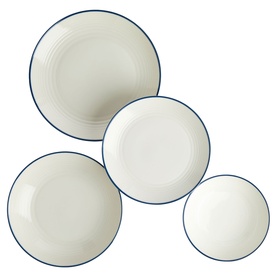 Gordon Ramsay four-piece dinnerware set in cream with blue rim detail, including two dinner plates, side plate and bowl