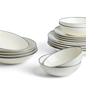 Gordon Ramsay dinnerware set in cream with blue rim detail, showing stacked plates, side plates and bowls