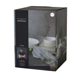 Gordon Ramsay Maze 18-piece dinnerware set in white, boxed with product imagery showing stacked plates and bowls.