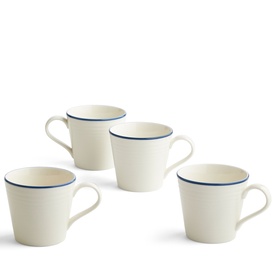 Gordon Ramsay set of four cream mugs with blue rim detail, shown grouped together on white background