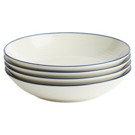 Gordon Ramsay blue-rimmed cream stoneware pasta bowls, set of four, stacked to show depth and size