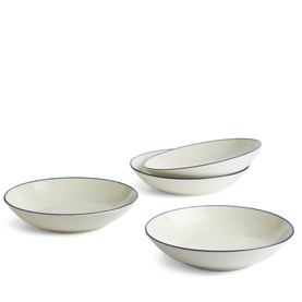 Gordon Ramsay set of three cream pasta bowls with blue rim detail, shown stacked and fanned out
