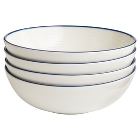 Gordon Ramsay set of four cream ceramic pasta bowls with blue rim detail, stacked together