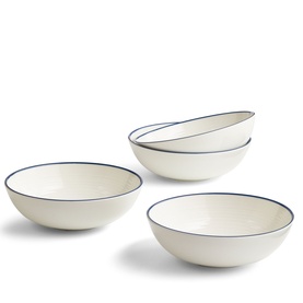 Gordon Ramsay set of four cream ceramic bowls with blue rim detail, shown stacked and fanned out on white background