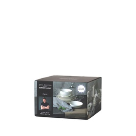 Gordon Ramsay dinnerware set in white, shown in dark branded gift box packaging with product imagery on front