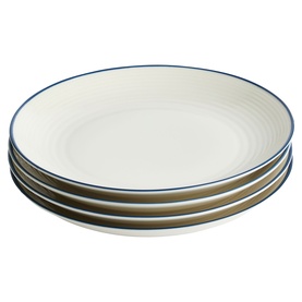 Gordon Ramsay set of four cream dinner plates with blue rim detail, stacked to show depth and quantity